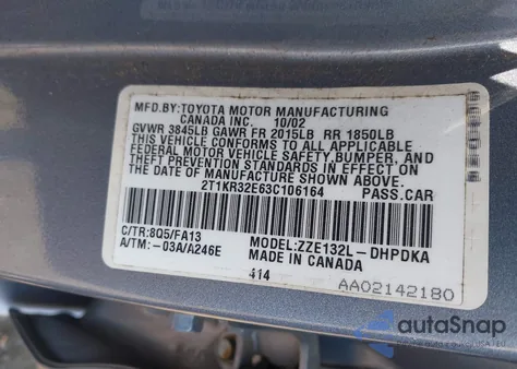 2003 Toyota Matrix Standard из США, поврежденный, VIN 2T1KR32E63C106164